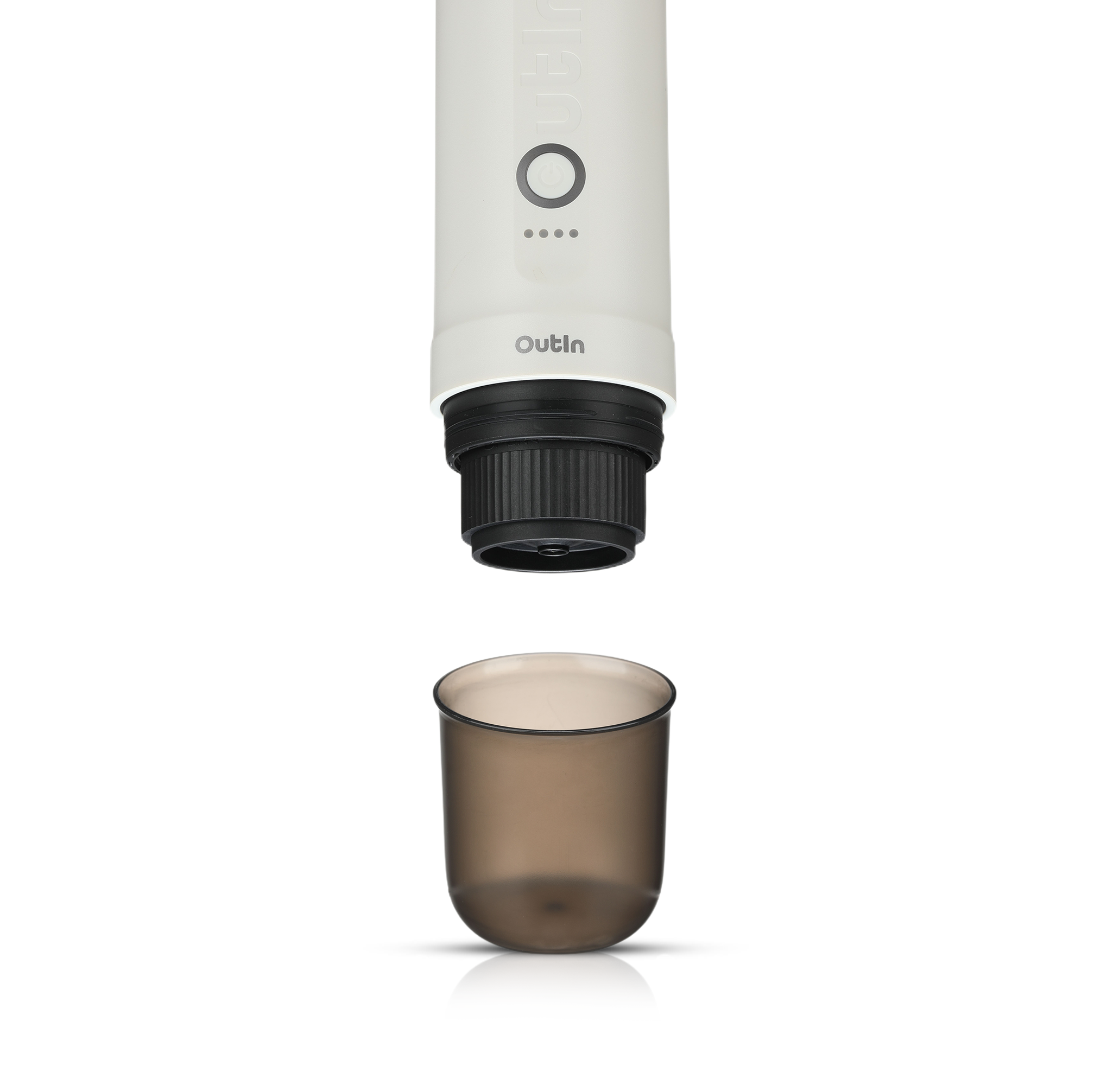 Outin Nano Portable Espresso Machine shown in white color with a detached transparent brown coffee cup below.