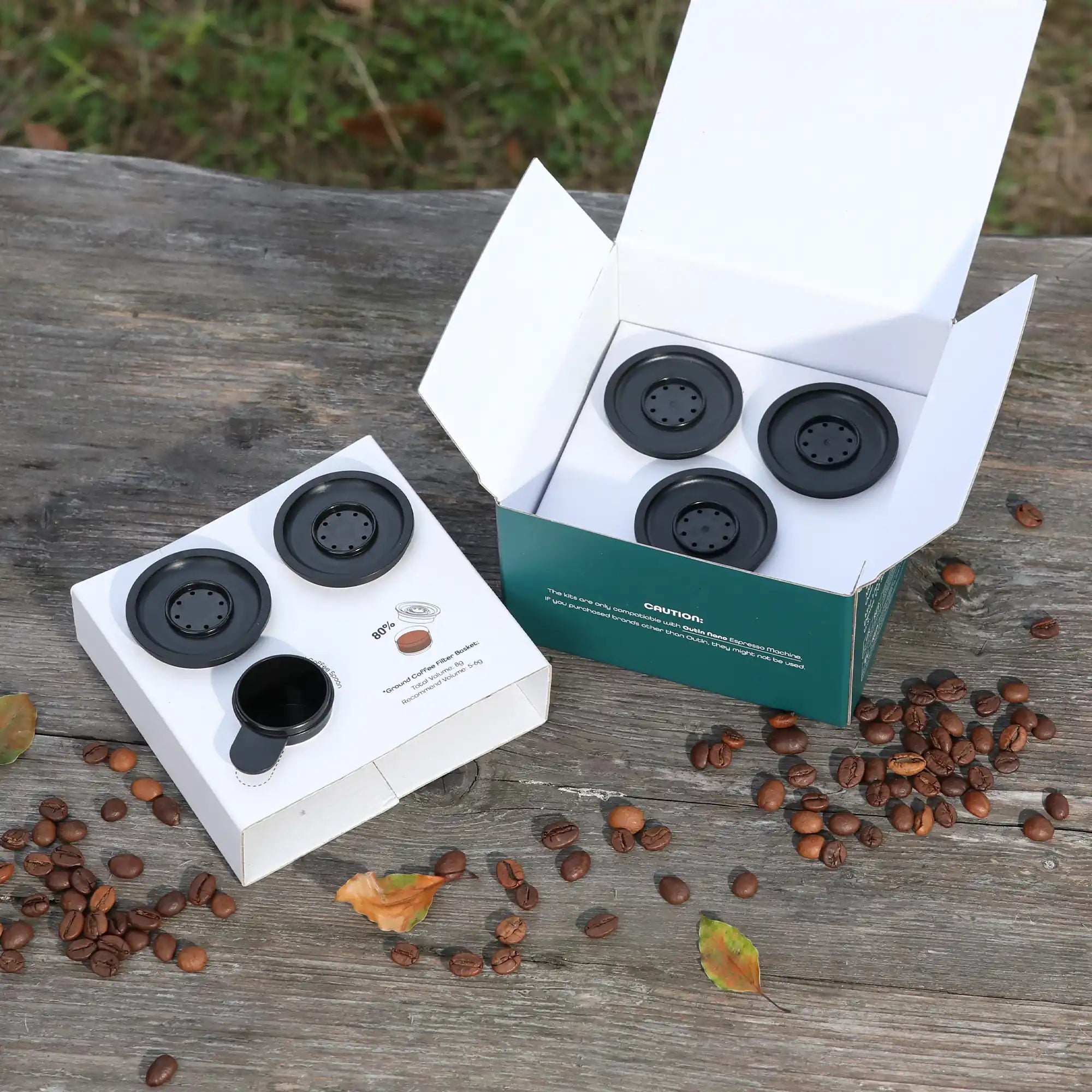 Teal box with 5 Ground Coffee Filter Baskets and 1 Ground Coffee Spoon for Outin Nano Portable Espresso Machine