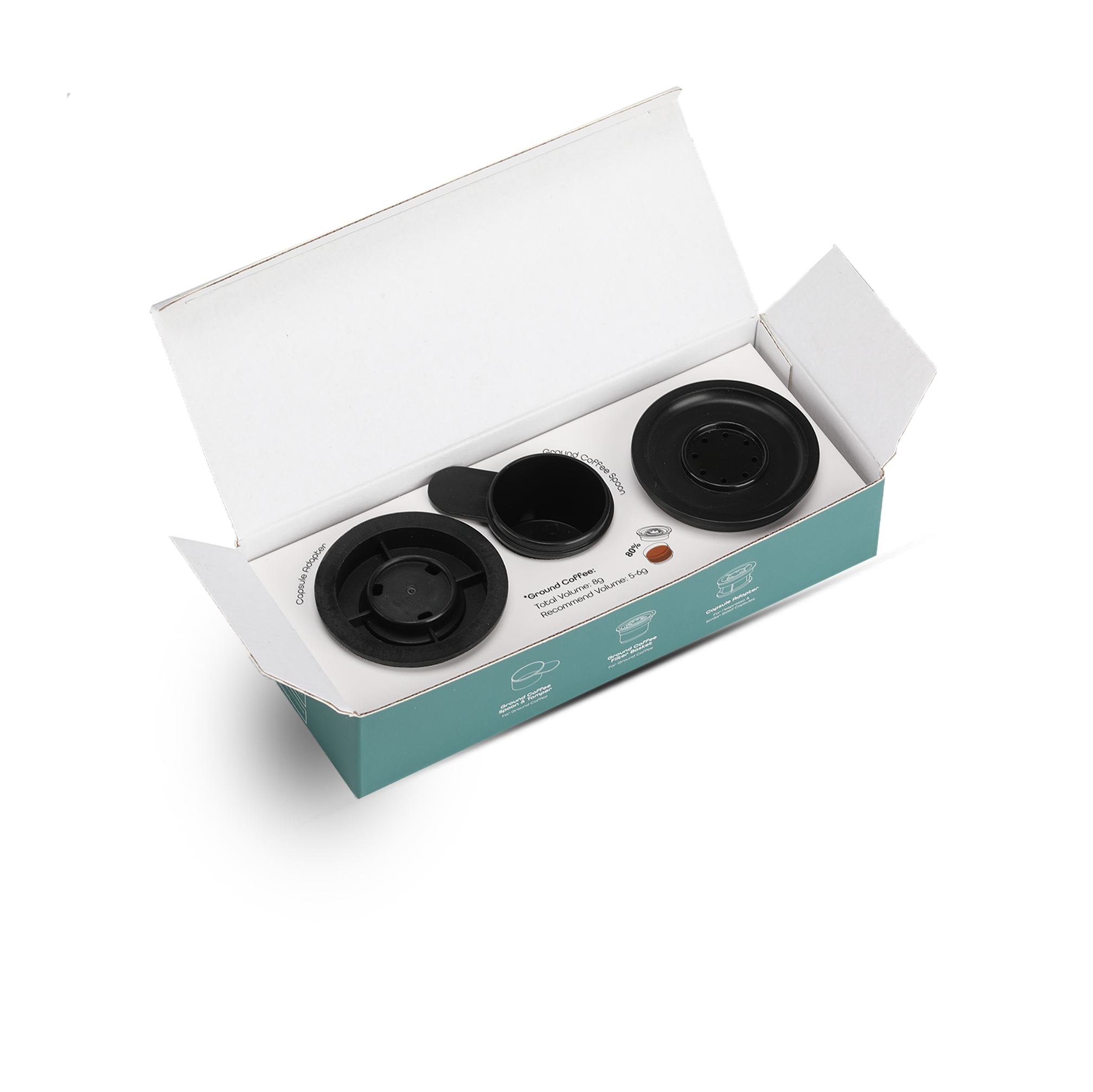 Outin espresso accessories in teal box: Capsule Adapter, Filter Basket, Coffee Spoon