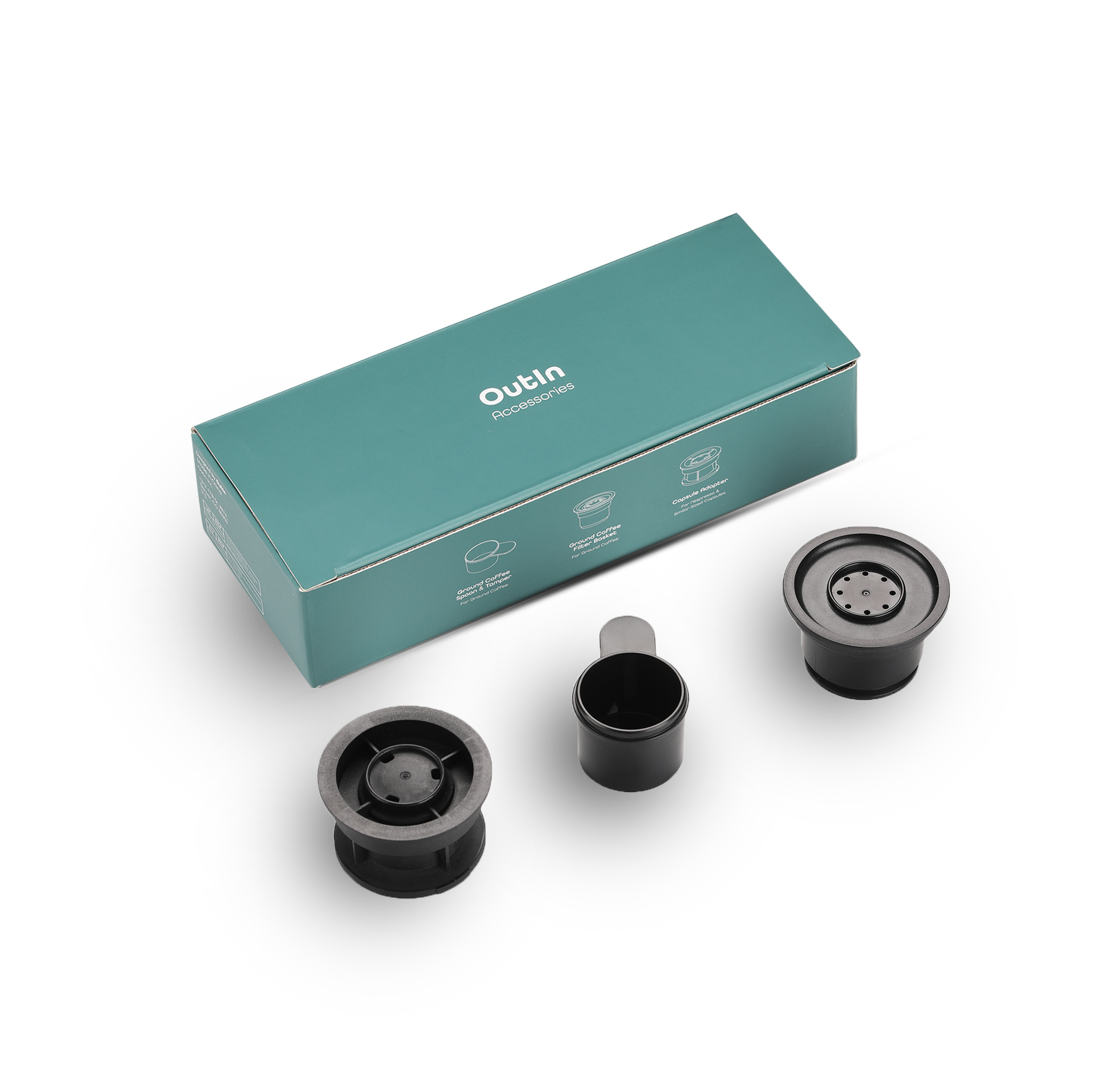 Outin espresso accessories kit: Capsule Adapter, Ground Coffee Filter, and Spoon