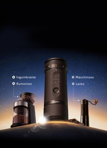 OutIn Fino portable coffee grinder standing upright on a dark coffee-themed background